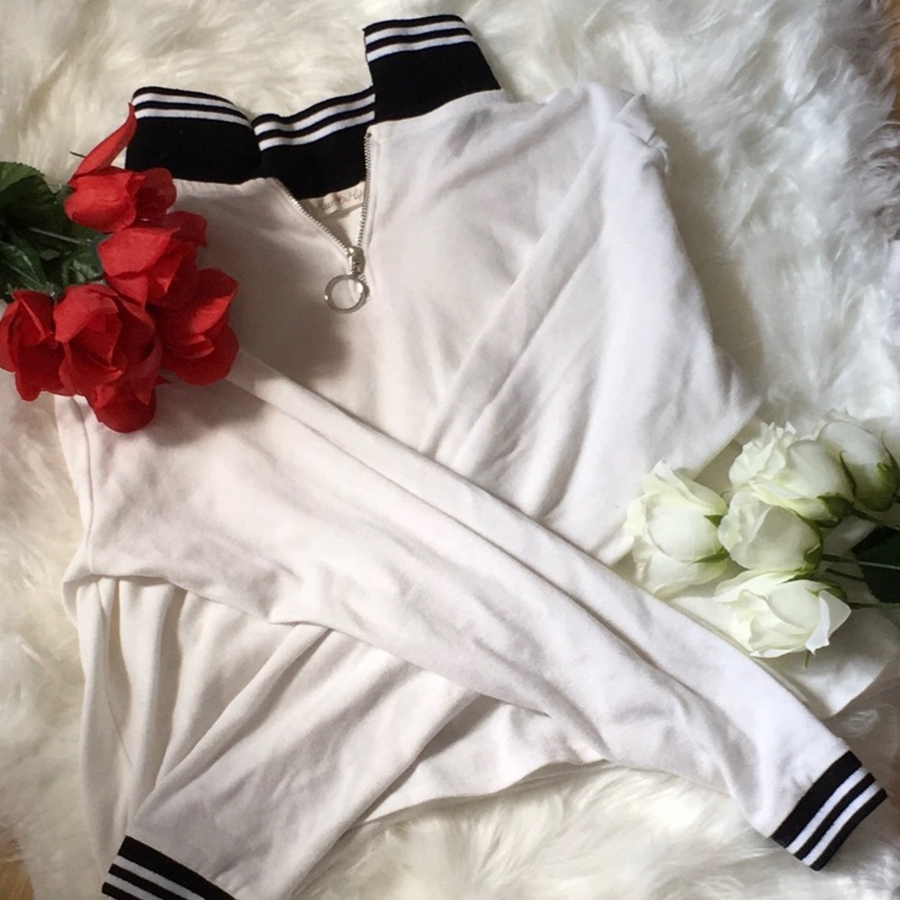 Black and white striped collard, white long sleeve